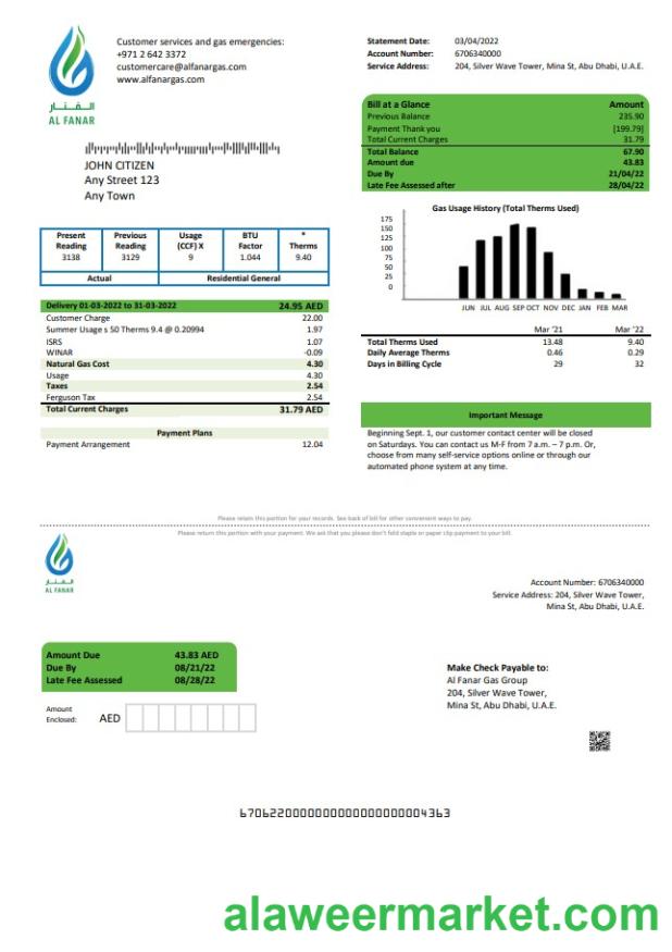 UAE Al Fanar Gas Group utility bill template in Word and PDF format
